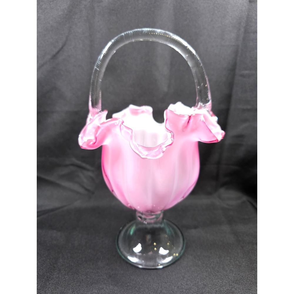 Vintage Fenton Pink & White Art Glass Vase Ruffled Edge Footed Centerpiece Decor